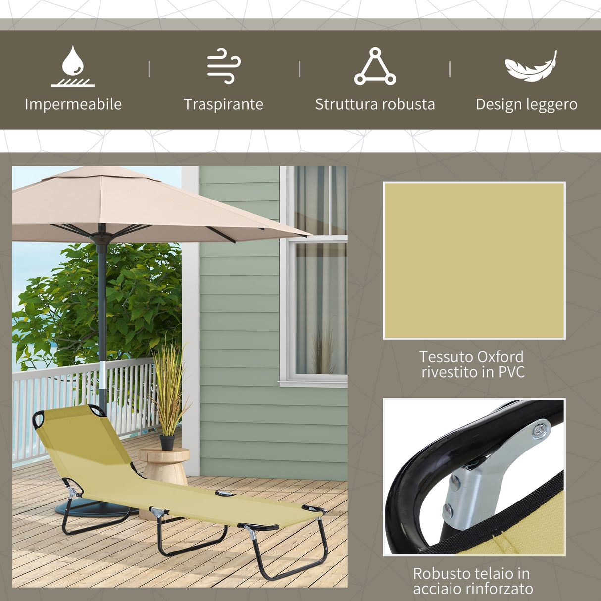 easycomfort easycomfort lettino da giardino con schienale regolabile in 5 posizioni in acciaio e tessuto oxford 188x56x28 cm beige