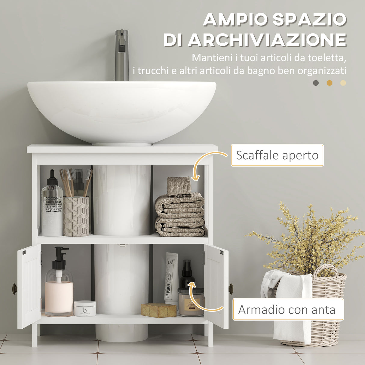 easycomfort easycomfort mobile sottolavabo con ripiano e armadietto intaglio e u e 2 ante 60x30x60 cm bianco