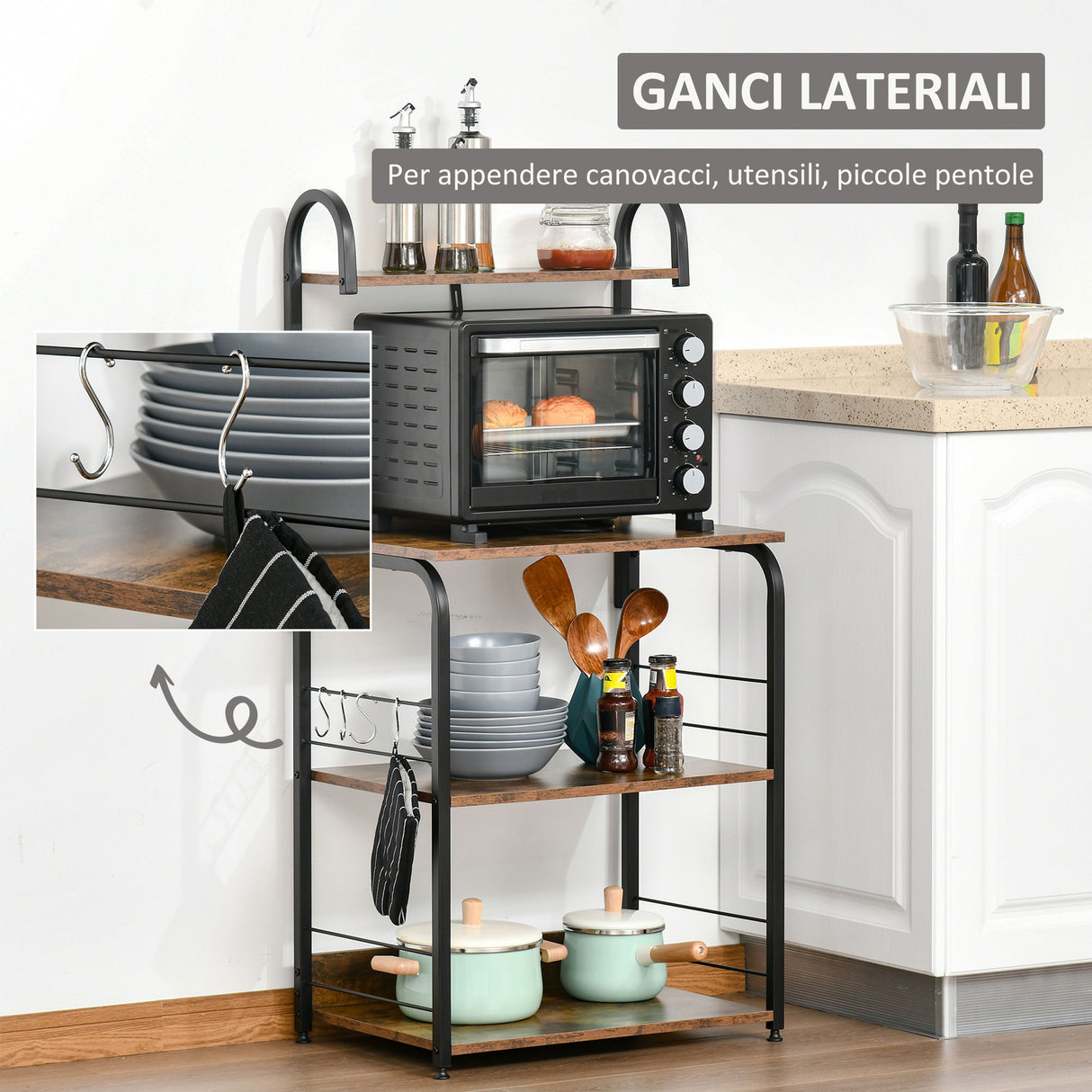easycomfort easycomfort mobiletto per microonde a 4 ripiani e 4 ganci mobile cucina in acciaio e legno 60x40x125cm marrone rustico
