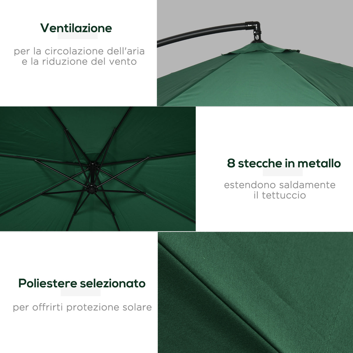 easycomfort easycomfort ombrellone da giardino 3x3 m con zanzariera apertura a manovella e base a croce verde