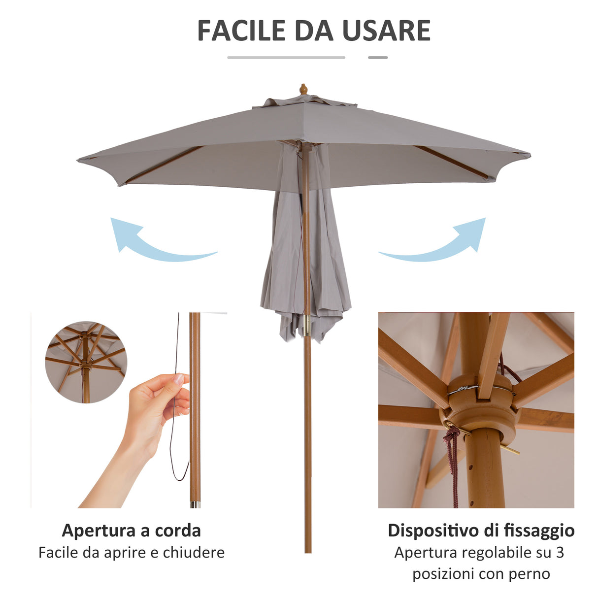 easycomfort easycomfort ombrellone da giardino a 6 stecche in legno e tessuto poliestere 2 5x2 3m grigio