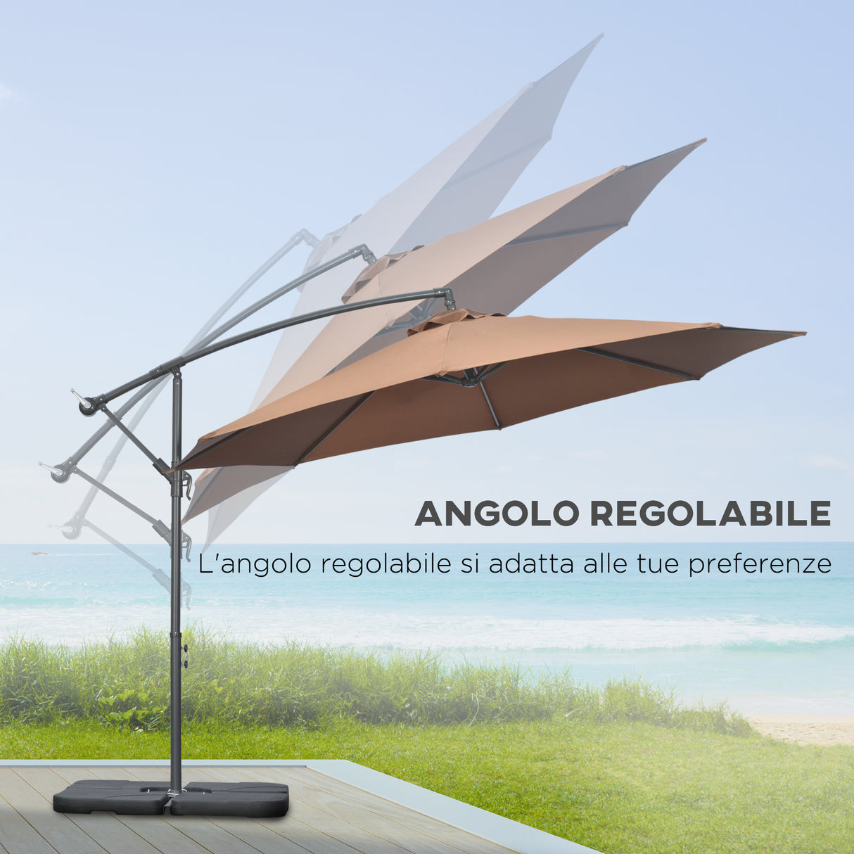 easycomfort easycomfort ombrellone decentrato a 6 stecche con manovella e base a croce in metallo e poliestere 292x247 cm caffe