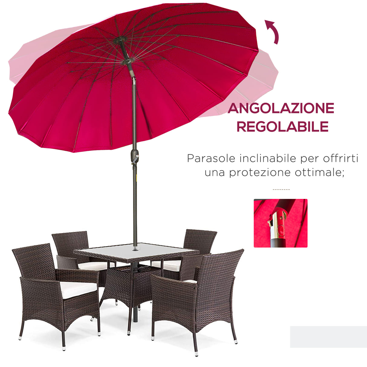 easycomfort easycomfort ombrellone rotondo pieghevole a 18 stecche con manovella in metallo e poliestere 250x240 cm rosso vino