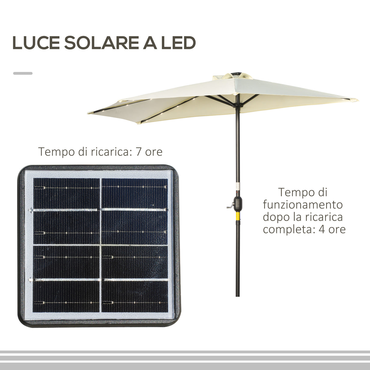 easycomfort easycomfort ombrellone semicircolare con manovella 20 luci led e pannello solare 265x135x240 cm beige