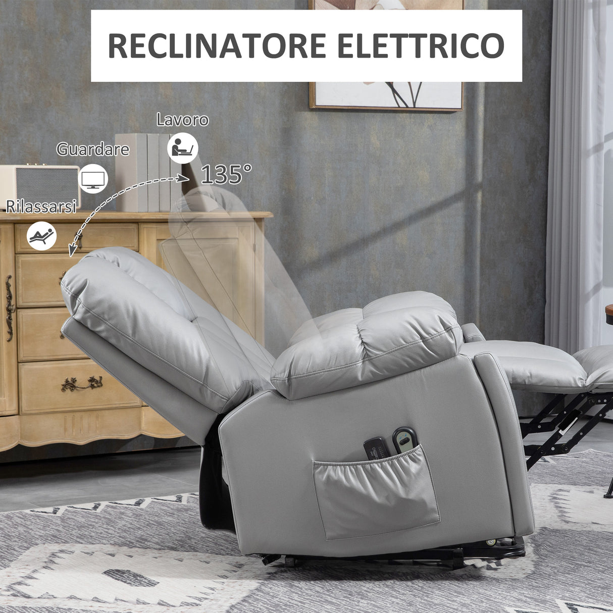easycomfort easycomfort poltrona alzapersona reclinabile con 8 punti massaggianti e telecomando in microfibra 94x96x106 cm grigio