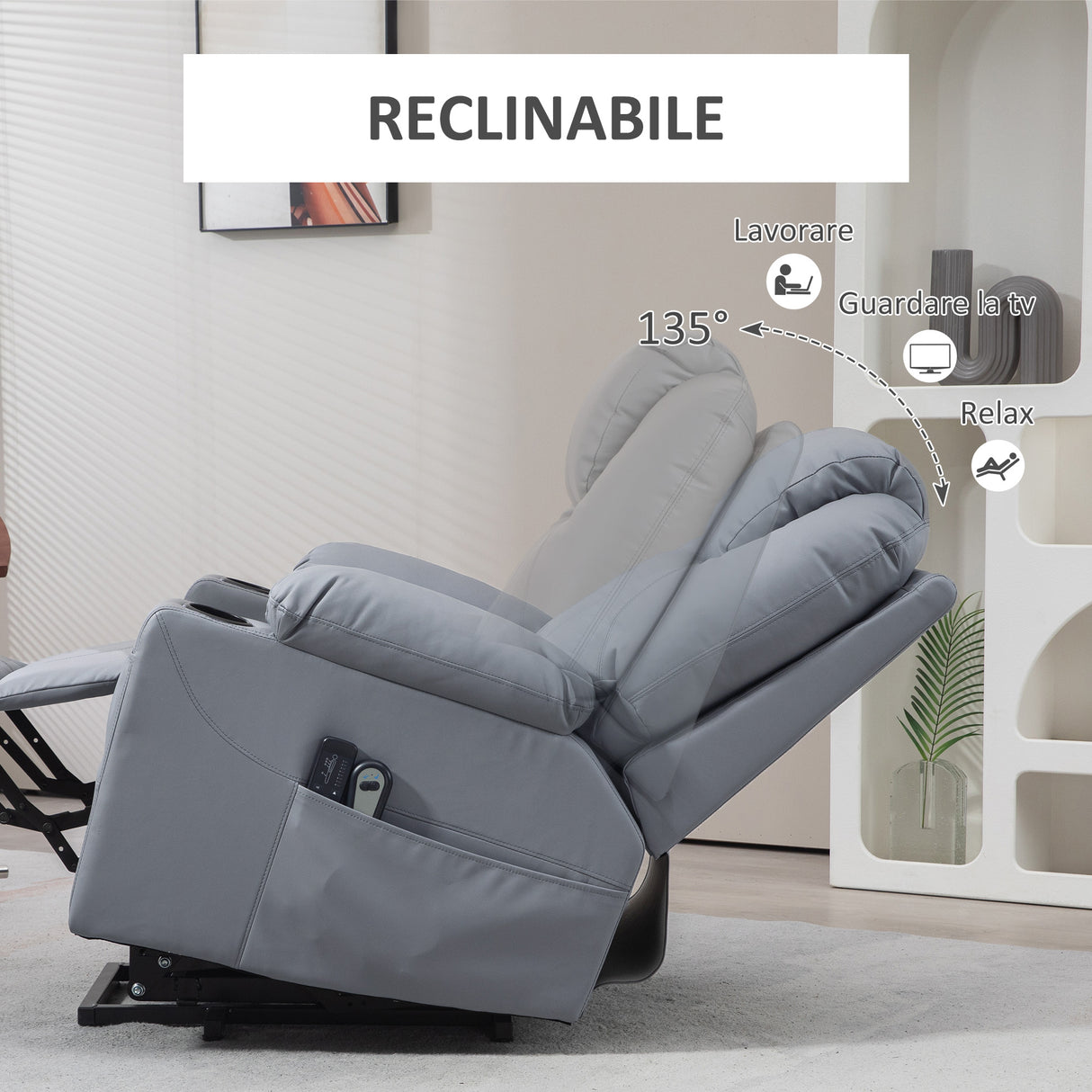 easycomfort easycomfort poltrona alzapersona reclinabile fino a 135 con 8 punti massaggio telecomando e poggiapiedi 88x99x106 cm grigio