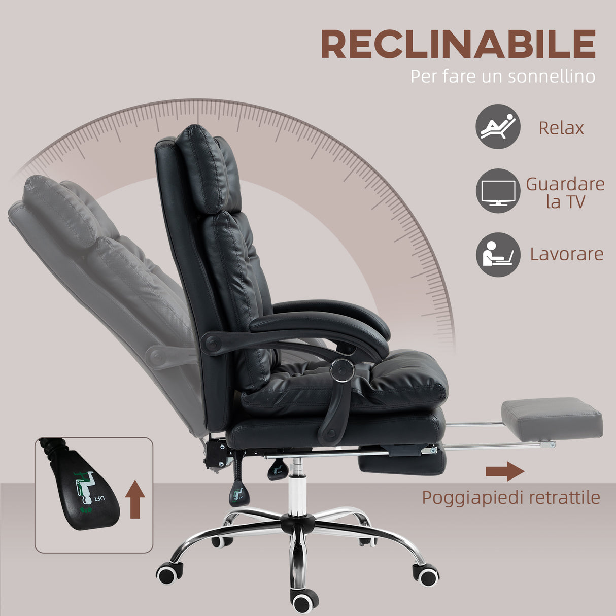 easycomfort easycomfort poltrona da ufficio in finta pelle con schienale reclinabile 135 e poggiapiedi estraibile nero