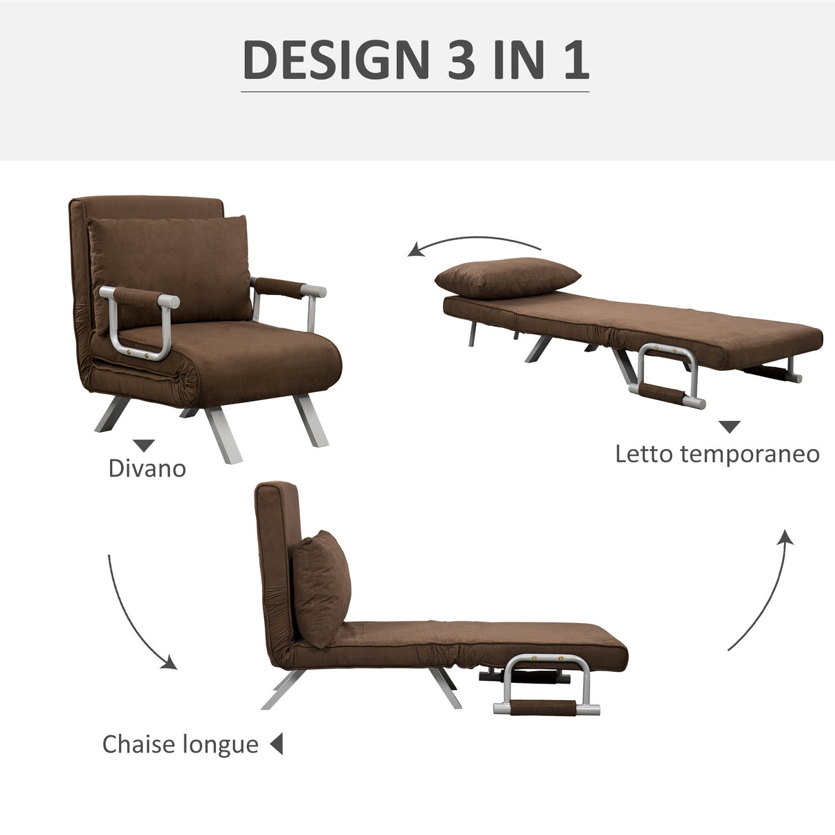 easycomfort easycomfort poltrona letto moderna 2 in 1 con schienale reclinabile su 5 posizioni e cuscino 65x69x80cm marrone