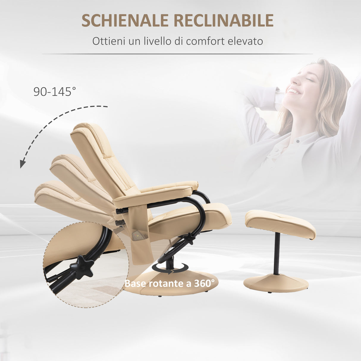 easycomfort easycomfort poltrona relax con pouf poggiapiedi reclinabile a 145 con 10 punti massaggio e telecomando in finta pelle crema