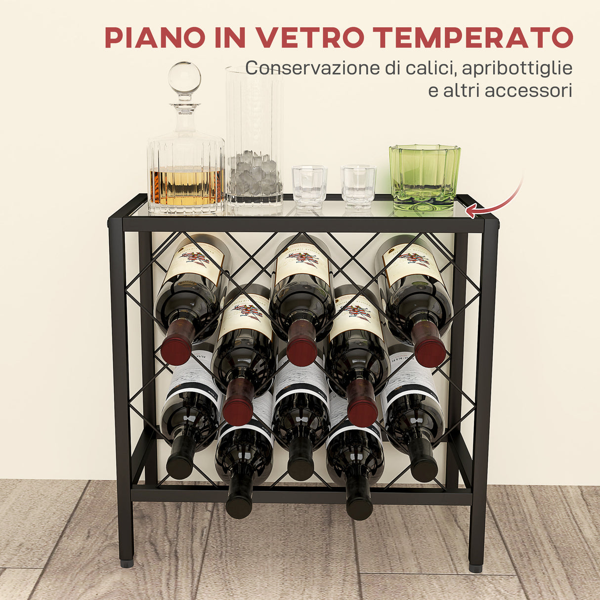 easycomfort easycomfort portabottiglie vini per 10 bottiglie in acciaio nero con piano dappoggio in vetro temperato 41x22x41 cm