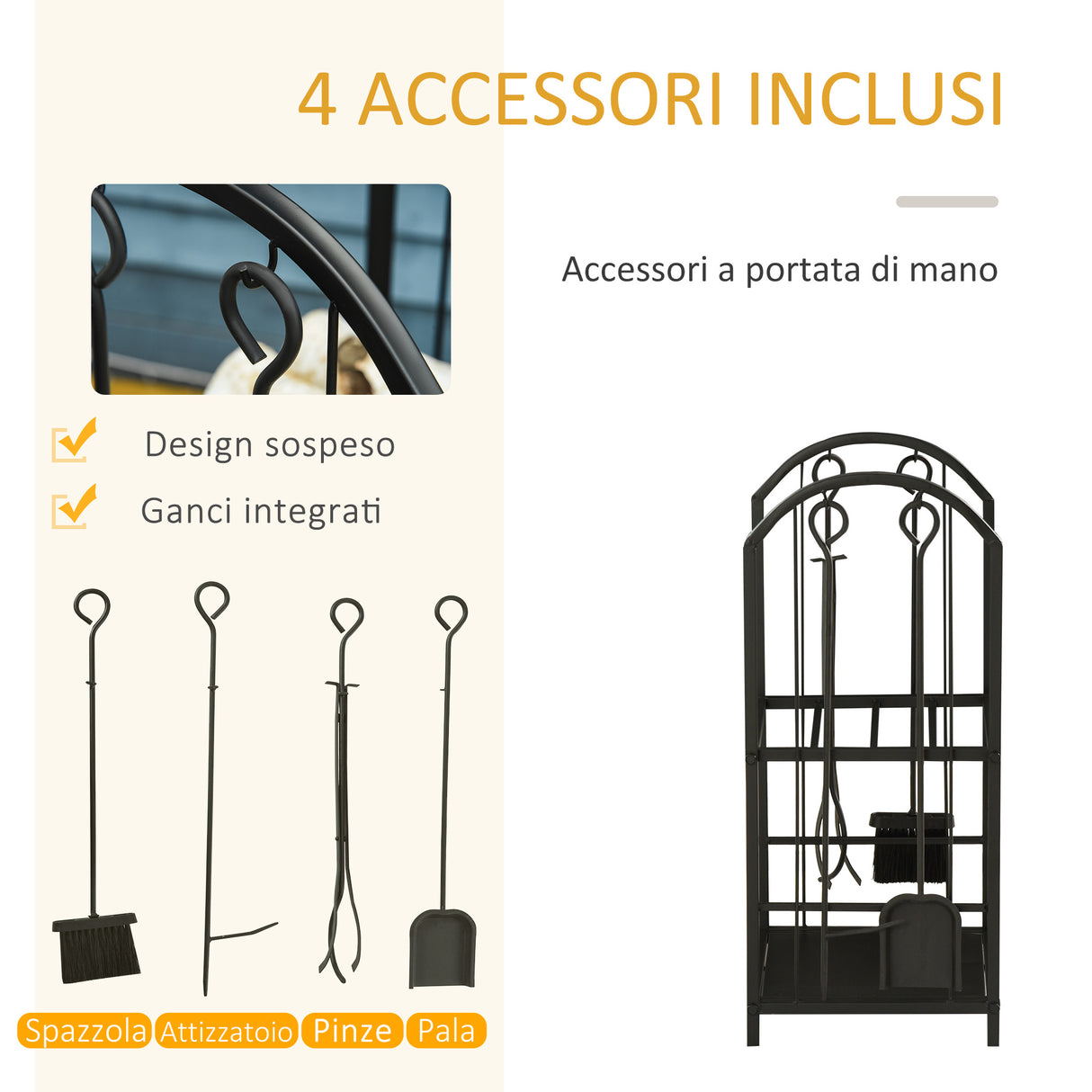 easycomfort easycomfort portalegna a 2 ripiani in metallo con paletta scopa attizzatoio e pinza 41 5x32 5x74 5 cm nero