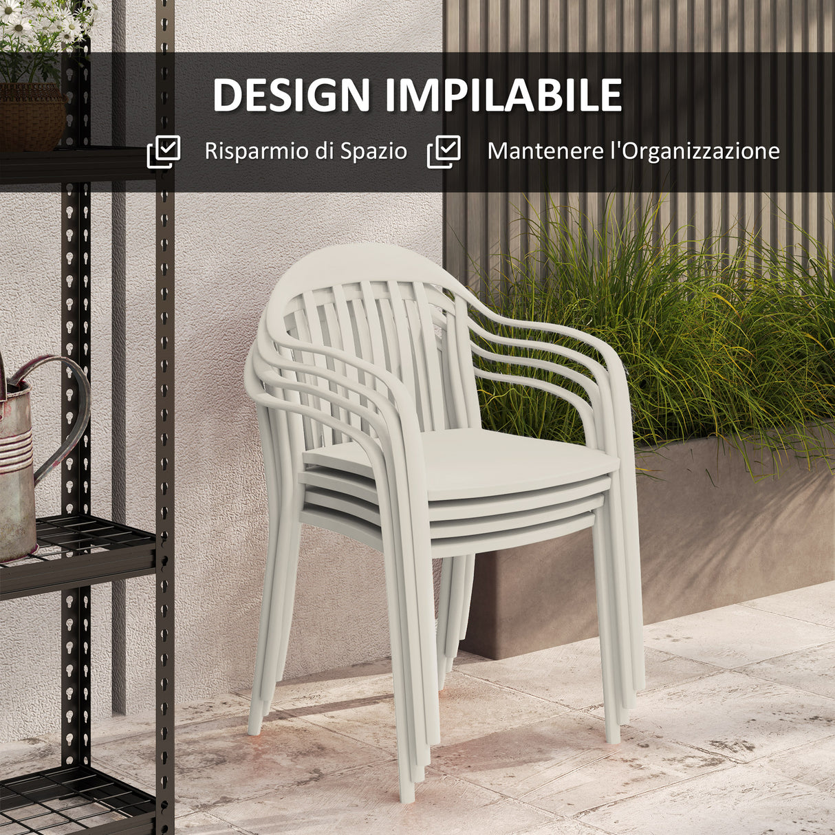 easycomfort easycomfort set 4 sedie da giardino impilabili in pp con schienale alto e braccioli 57x54x78 cm bianco