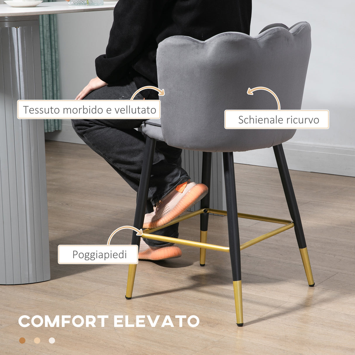 easycomfort easycomfort set da 2 sgabelli da bar vellutati con poggiapiedi e base in acciaio 59x52x90cm grigio