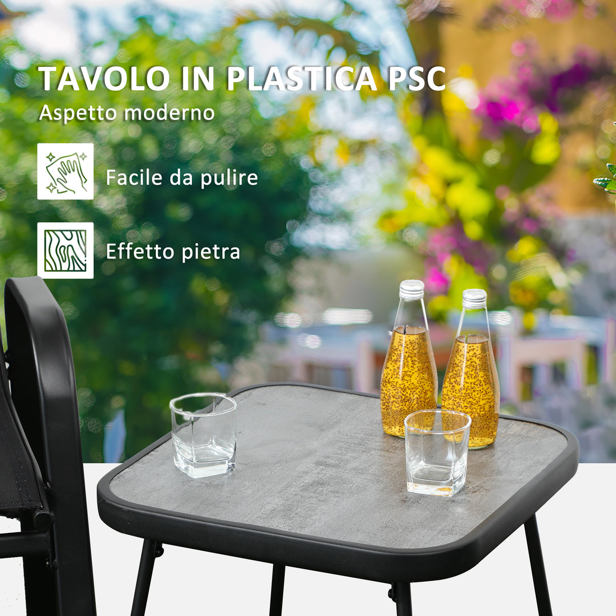 easycomfort easycomfort set da giardino 3 pezzi con tavolino e 2 sedie impilabili in acciaio e tessuto traforato nero