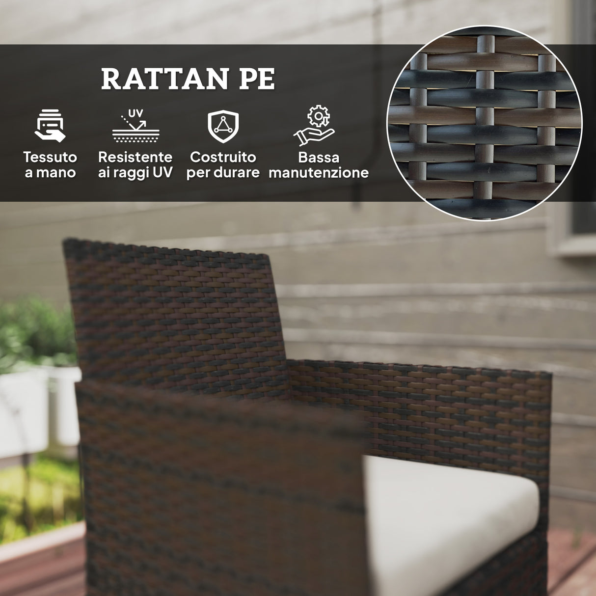 easycomfort easycomfort set da giardino 4 pezzi con divano 2 posti 2 sedie e tavolino basso in rattan e acciaio beige e marrone