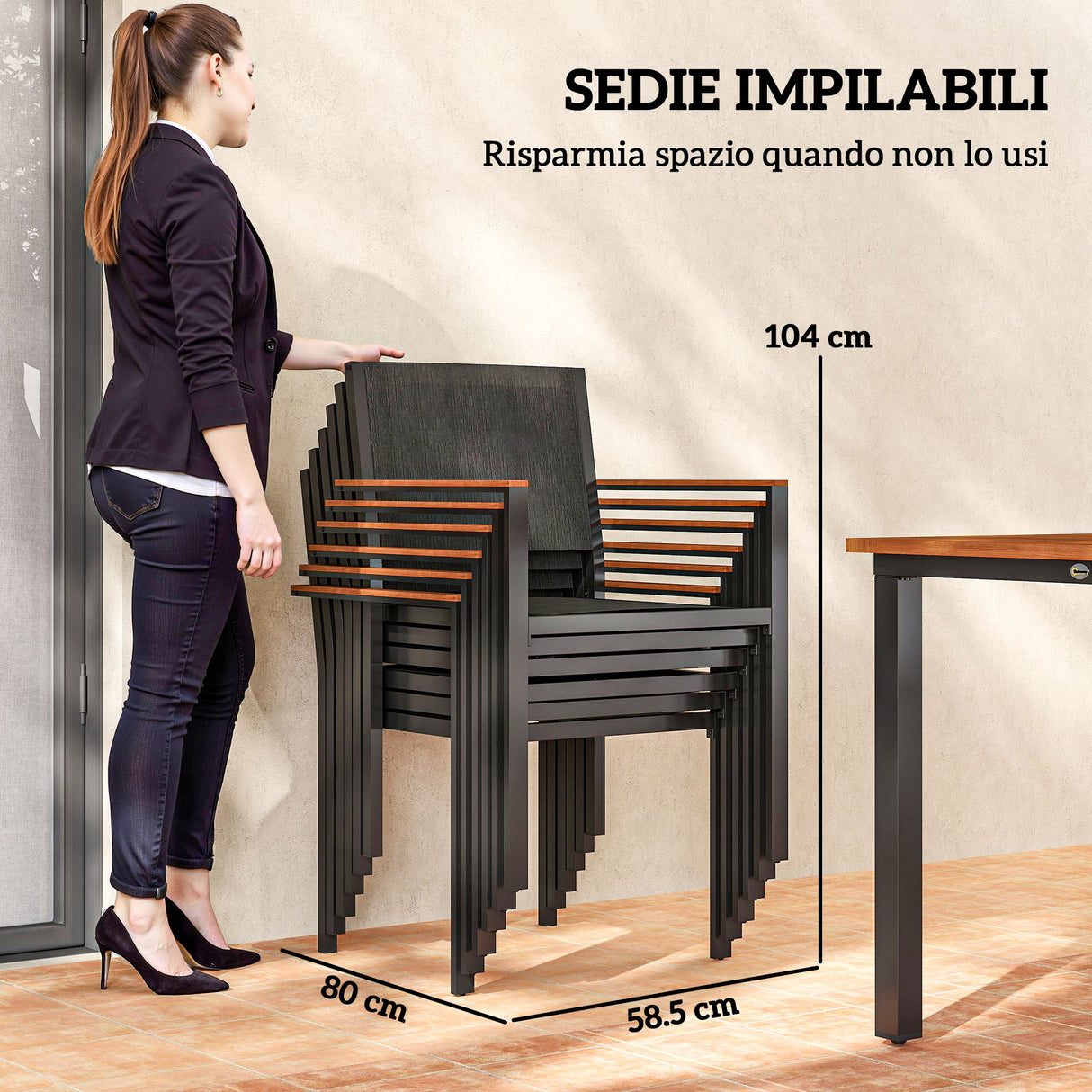 easycomfort easycomfort set da giardino 7 pezzi con tavolo da pranzo e 6 sedie impilabili con braccioli teak