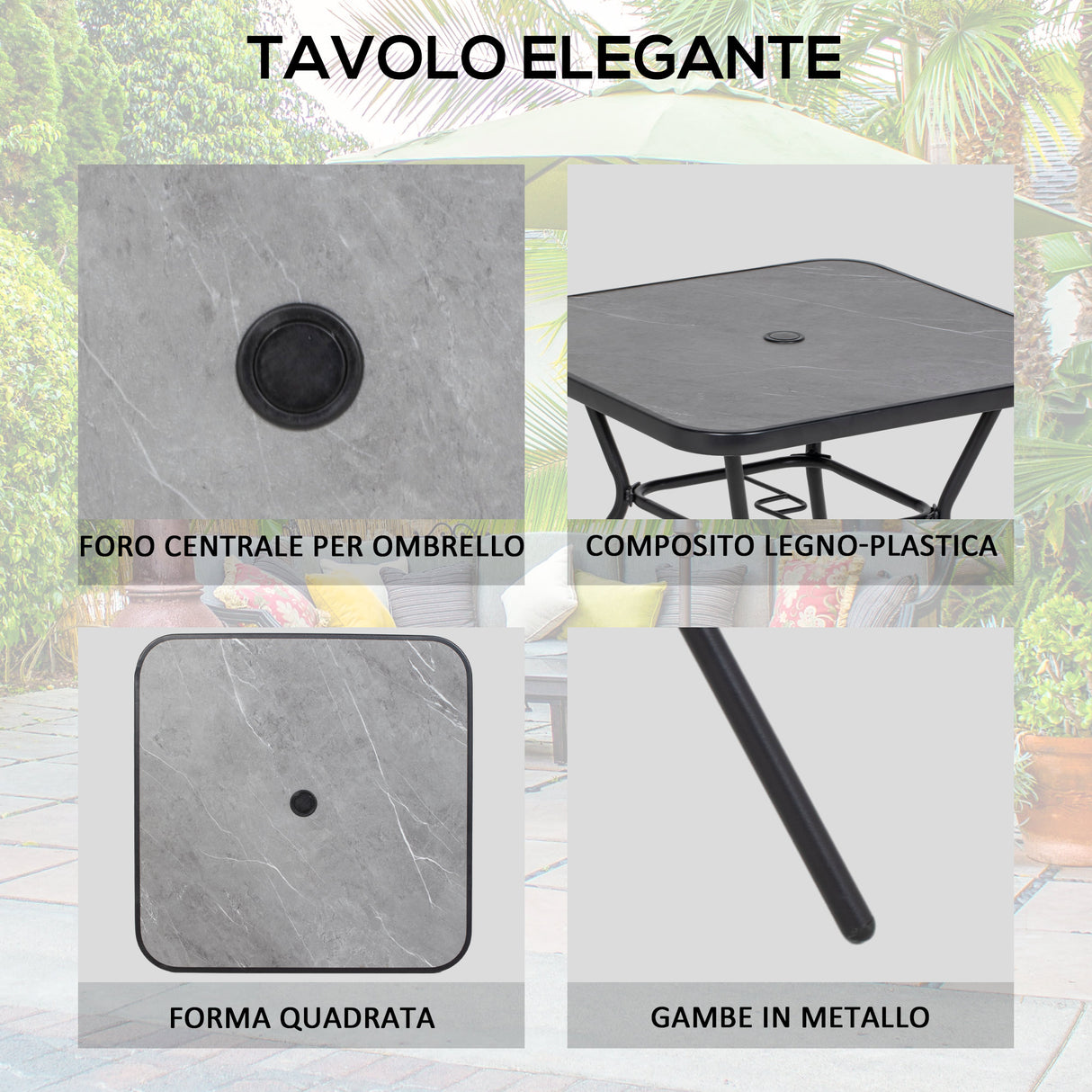 easycomfort easycomfort set da giardino con 4 sedie pieghevoli con braccioli e tavolo con foro per ombrellone nero
