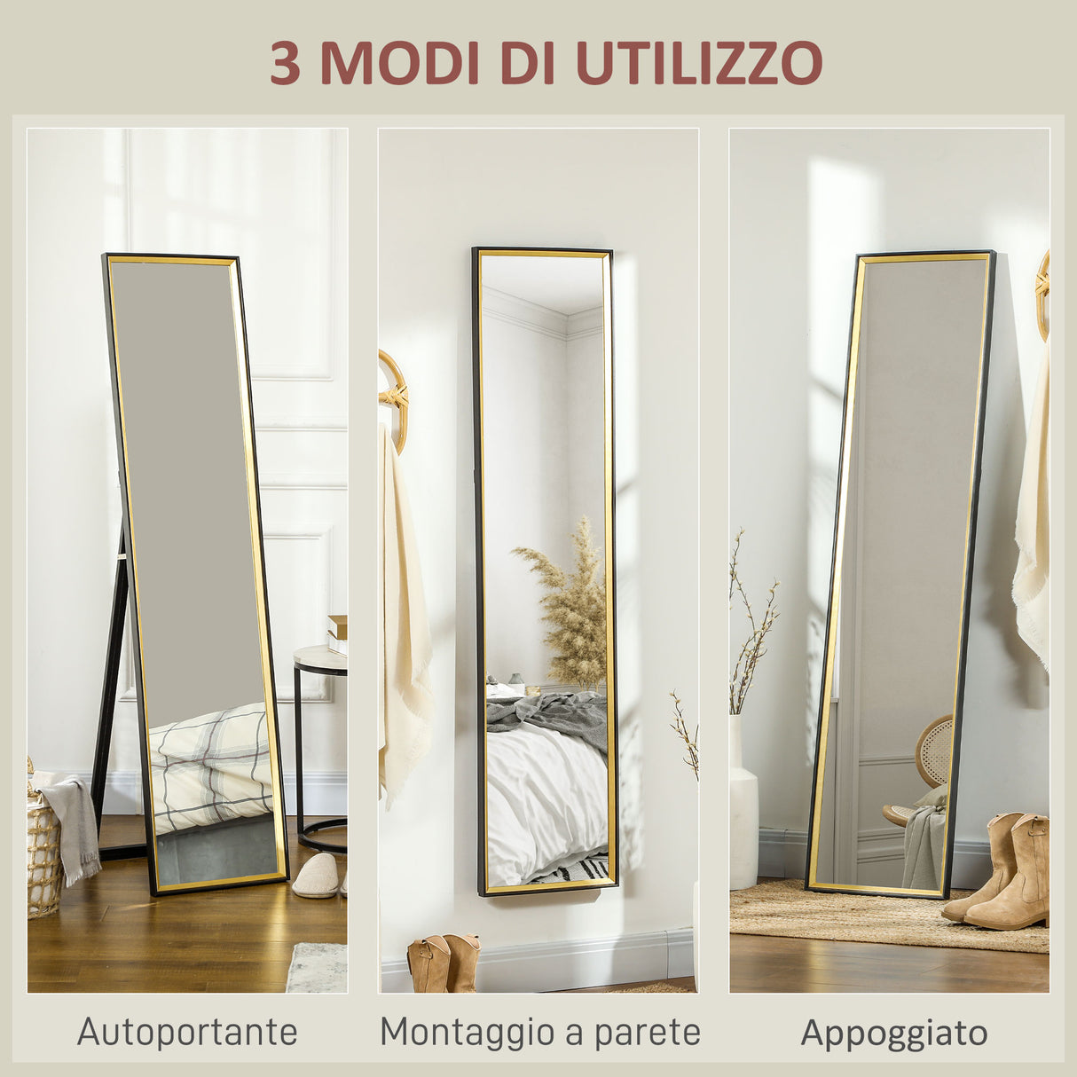 easycomfort easycomfort specchio a figura intera con supporto posteriore e cornice in legno e vetro 37x3x157 cm nero e oro