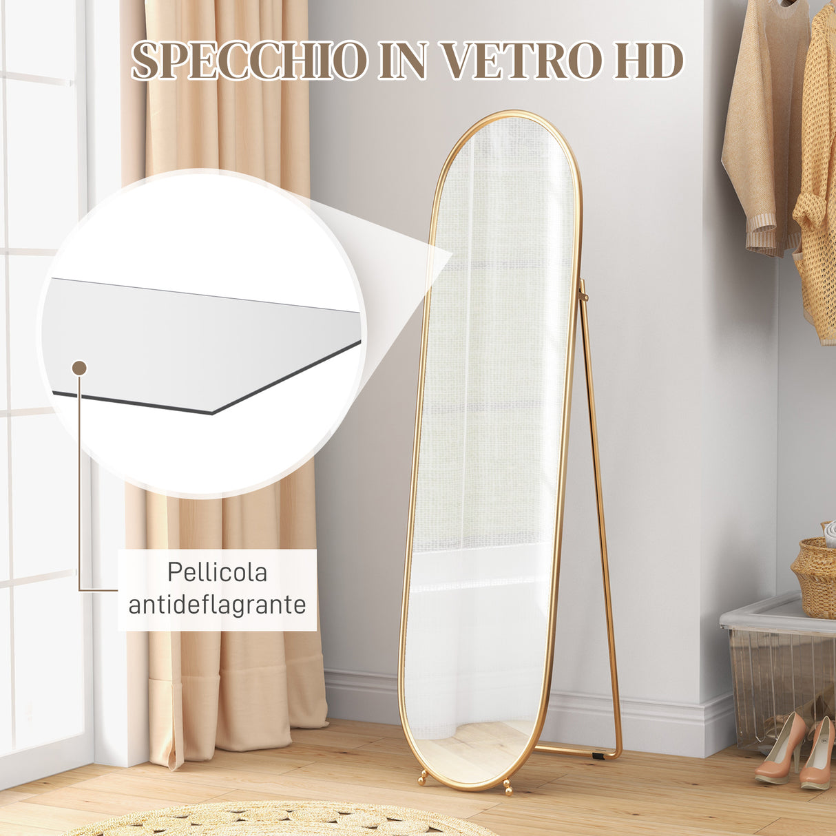 easycomfort easycomfort specchio verticale ovale da terra con supporto in vetro e metallo 40x41x159 cm tonalita oro