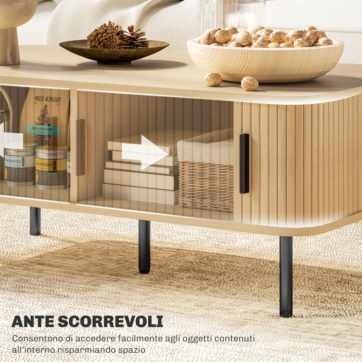 easycomfort easycomfort tavolino da caffe con 2 ripiani portaoggetti e ante scorrevoli in legno e acciaio 100x55x40 cm nero e rovere