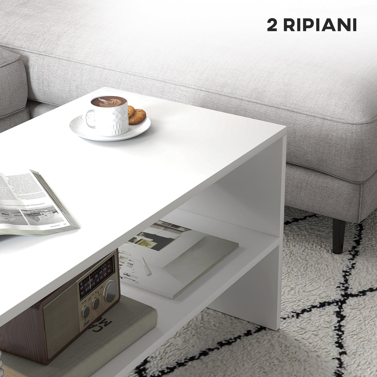 easycomfort easycomfort tavolino da caffe moderno in legno a 2 livelli con ripiano aperto 100x40x41 5 cm bianco