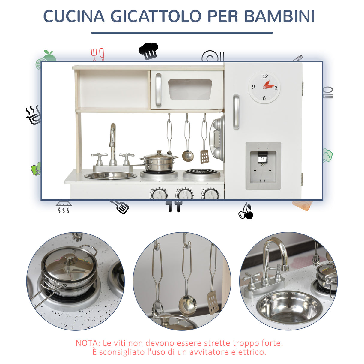 easycomfort easycomfort cucina giocattolo in legno per bambini con lavandino e fornelli pentole e utensili in acciaio 74x30x81cm bianco