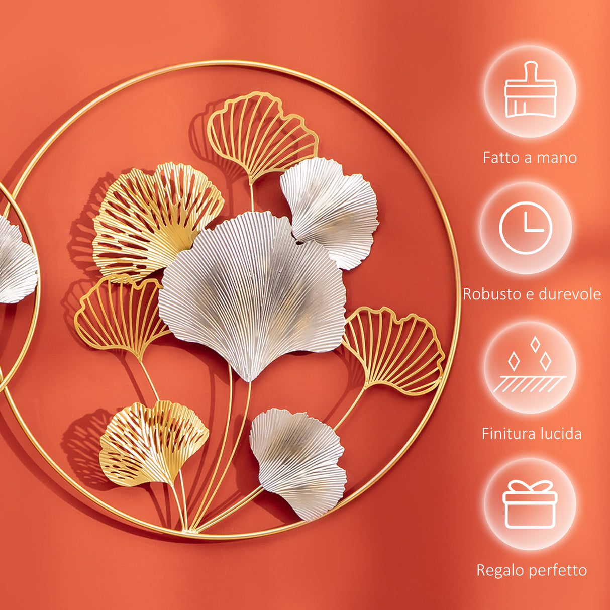 easycomfort easycomfort decorazione murale 3d in metallo wall art dorata con ginkgo in due cornici rotonde 102x66 2cm oro e argento