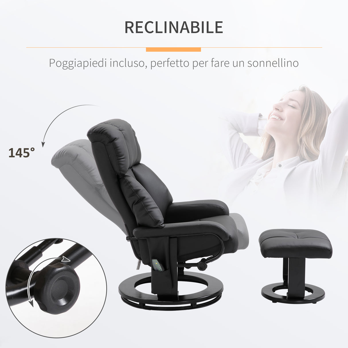 easycomfort easycomfort poltrona relax reclinabile e massaggiante con pouf poggiapiedi e telecomando 76x80x102 cm nero