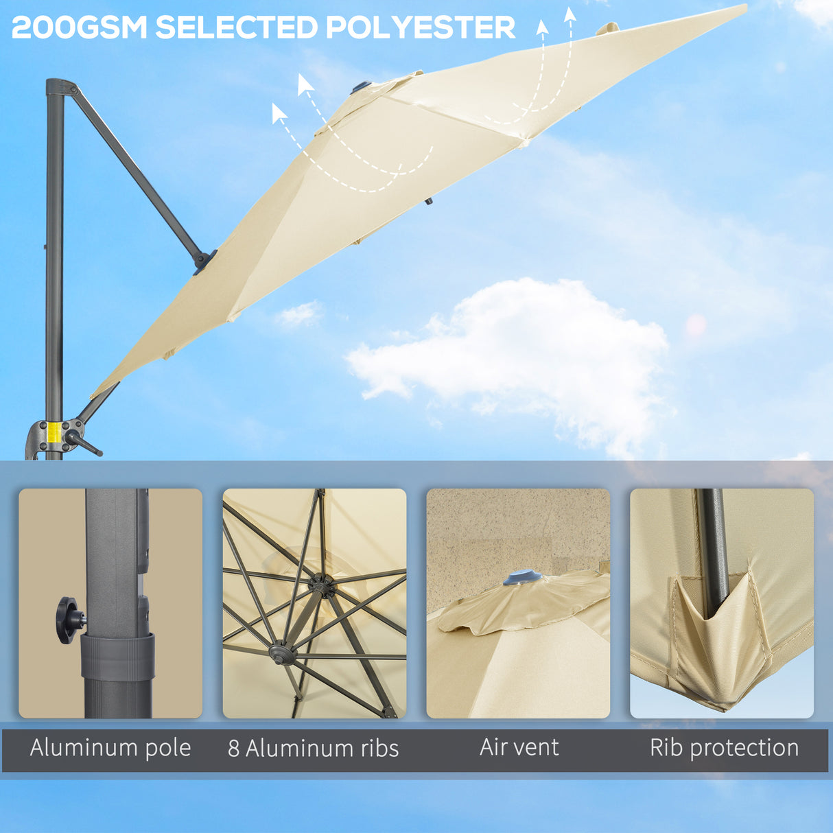 easycomfort easycomfort ombrellone da giardino decentrato 3x2 5 m con angolazione regolabile e girevole a 360 crema