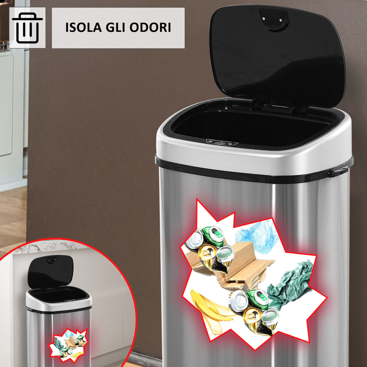 easycomfort easycomfort pattumiera cestino bidone con coperchio a sensore ad infrarossi per cucina bagno capacita 58l in acciaio abs 40 9 28 9 68cm