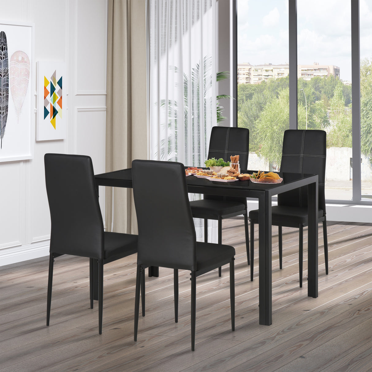 easycomfort easycomfort set 5 pezzi con 1 tavolo e 4 sedie per cucina o sala da pranzo in finta pelle metallo e vetro temperato nero