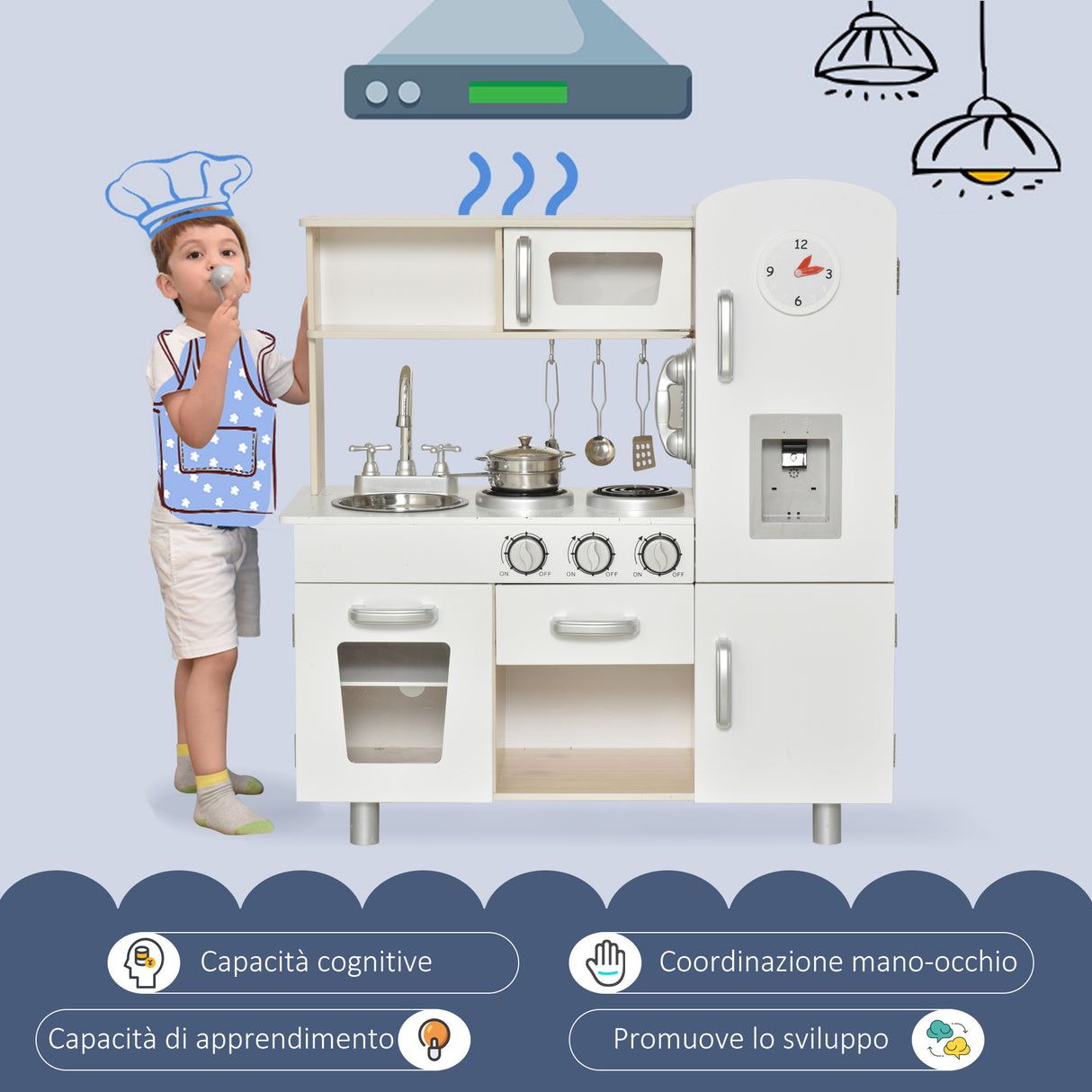 easycomfort easycomfort cucina giocattolo in legno per bambini con lavandino e fornelli pentole e utensili in acciaio 74x30x81cm bianco
