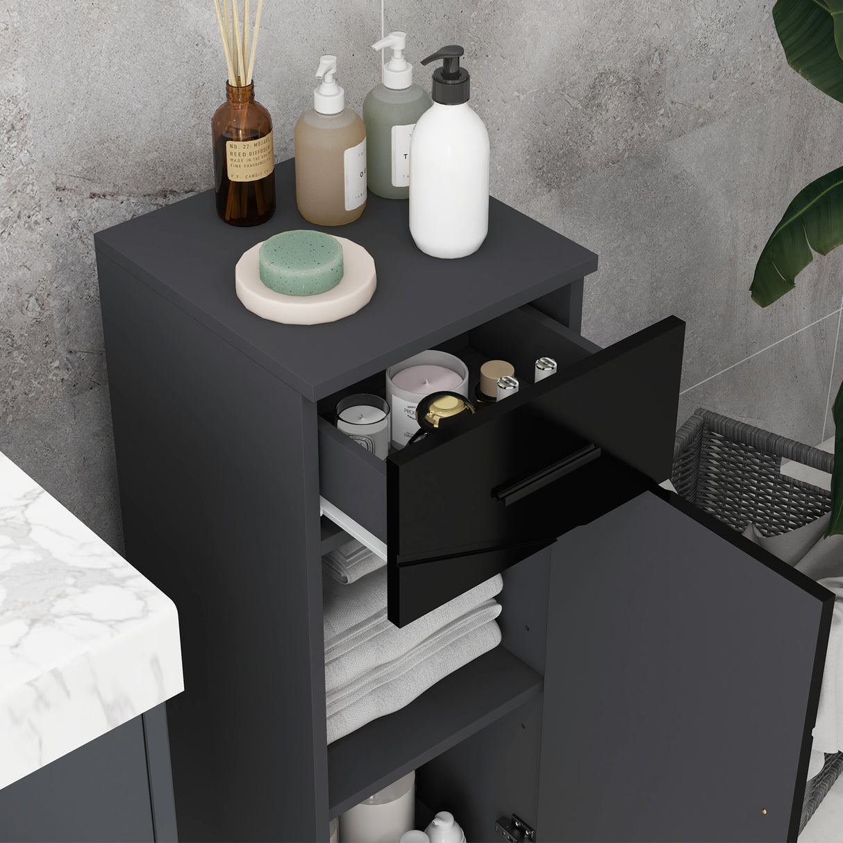 easycomfort easycomfort mobiletto bagno in truciolato con cassetto e armadietto a 2 livelli regolabili 30x30x82 cm nero e grigio