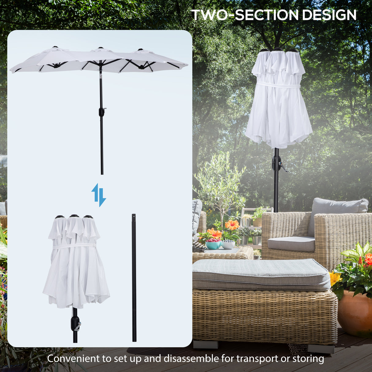 easycomfort easycomfort ombrellone da giardino doppio inclinabile con apertura a manovella 295x152x222cm bianco