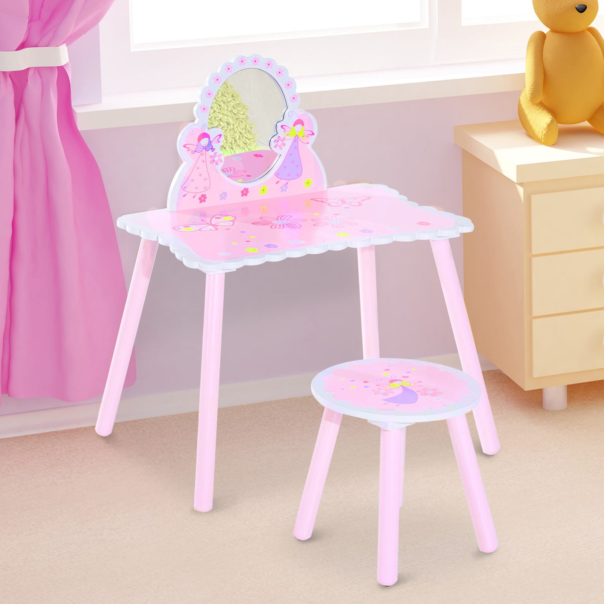 easycomfort easycomfort toeletta per bambini con sgabello in legno tavolo trucco con specchio moderno e cassetto 59l x 39p x 77a cm rosa