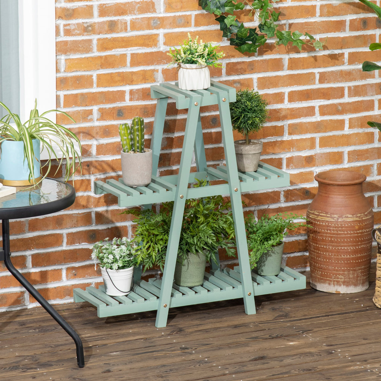 easycomfort easycomfort portapiante a 3 livelli in legno di abete per interni ed esterni 76x26x76 cm verde chiaro