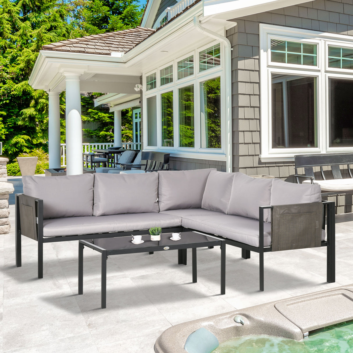 easycomfort easycomfort set da giardino 4 pezzi con 2 divanetti poltrona angolare e tavolino da caffe in vetro temperato