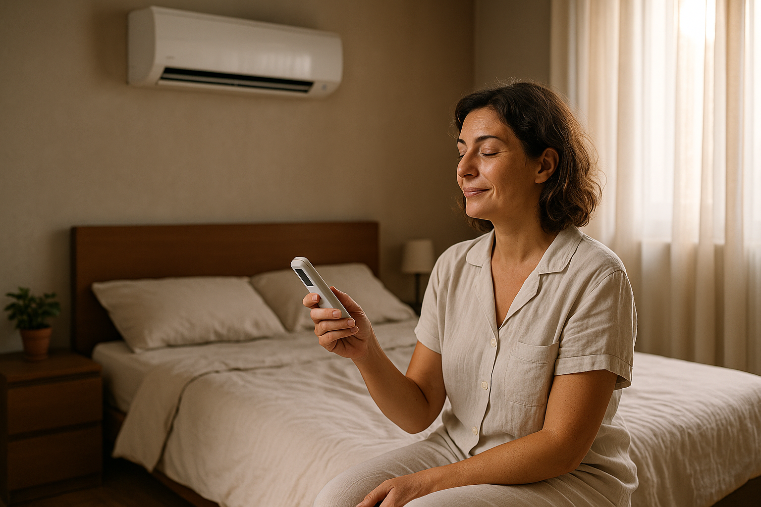 Una donna italiana di mezza età in pigiama di cotone leggero regola il telecomando del climatizzatore mentre è seduta comodamente sul letto in una camera da letto italiana accogliente.