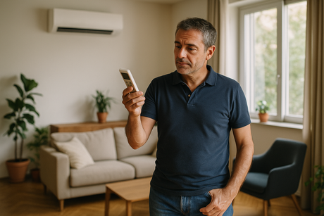 Un uomo italiano di mezza età controlla il telecomando del climatizzatore in un soggiorno moderno, cercando di risolvere il problema del dispositivo che non si accende.