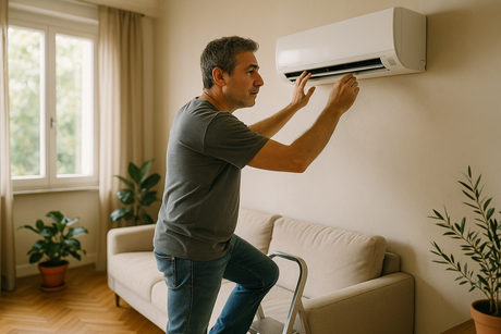 Un uomo italiano di mezza età ispeziona un climatizzatore montato a parete nel suo salotto, cercando di risolvere un problema di accensione e spegnimento continuo.