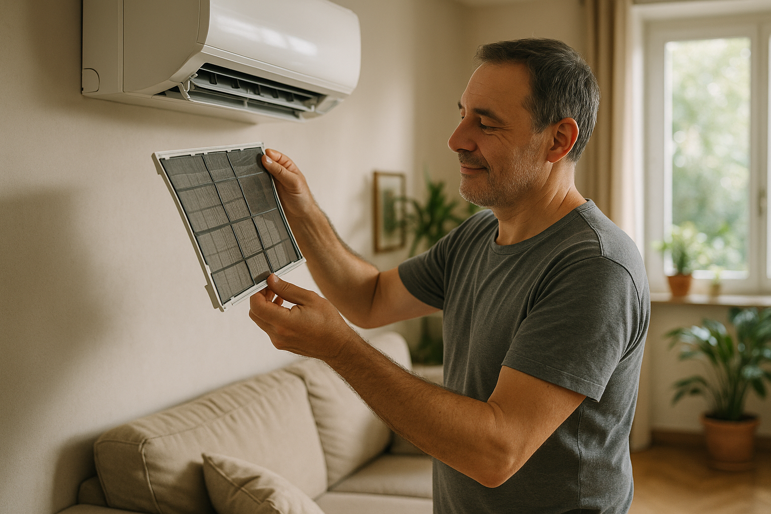 Uomo italiano di mezza età in soggiorno mentre rimuove con attenzione il filtro dal climatizzatore a muro per pulirlo, con espressione di soddisfazione e luce naturale che illumina la stanza.