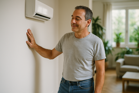 Uomo italiano di mezza età ispeziona il muro sotto un'unità di climatizzazione a parete per verificare l'assenza di condensa o muffa, mostrando soddisfazione per il muro pulito e asciutto.