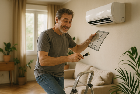 Un uomo italiano di mezza età pulisce i filtri di un condizionatore a parete nel suo salotto, mostrando un'espressione di sollievo mentre risolve il problema dell'odore sgradevole.