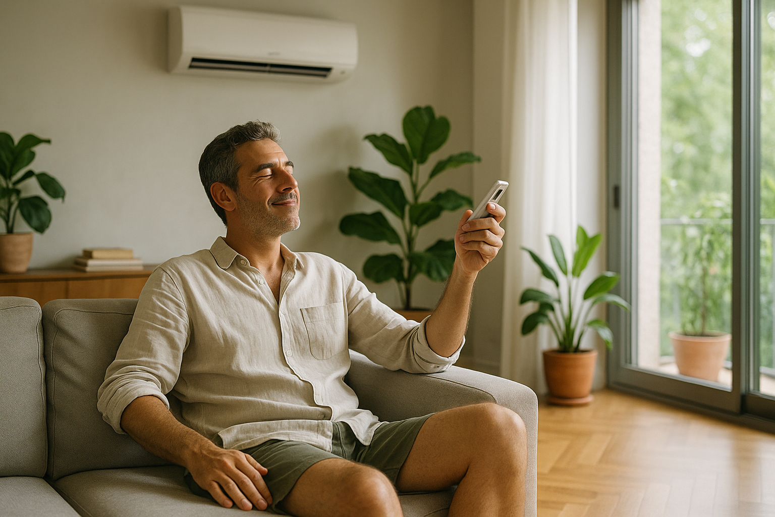 Un uomo italiano di mezza età seduto su un divano in un soggiorno moderno, con un telecomando puntato verso un climatizzatore a parete, esprime soddisfazione per l'aria fresca.