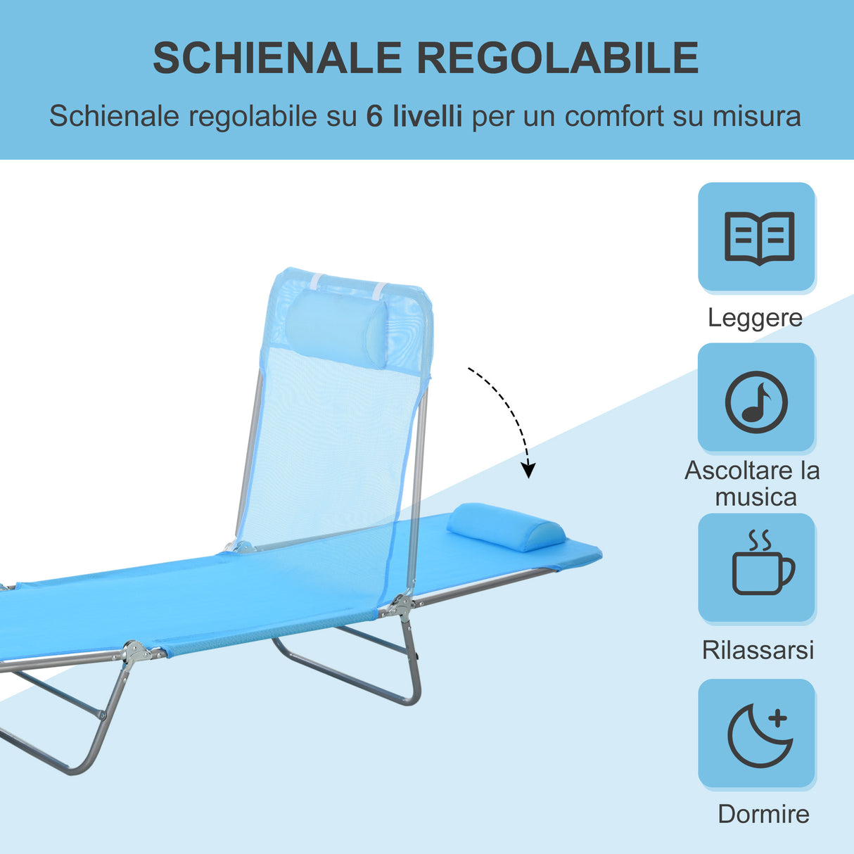 easycomfort lettino prendisole pieghevole con schienale reclinabile e cuscino 182x56x24.5cm