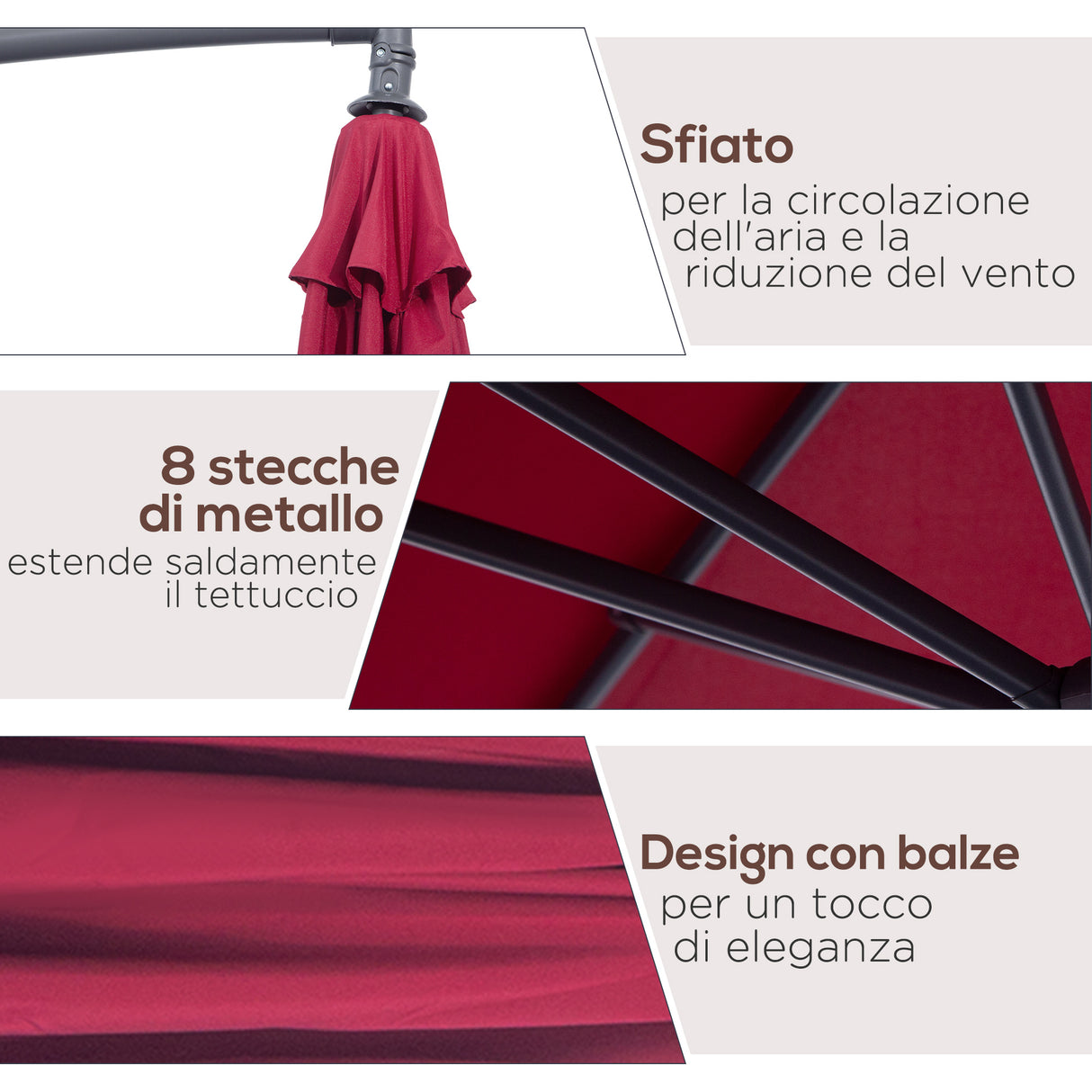 easycomfort easycomfort ombrellone parasole decentrato in metallo bordeaux 3x2.6m