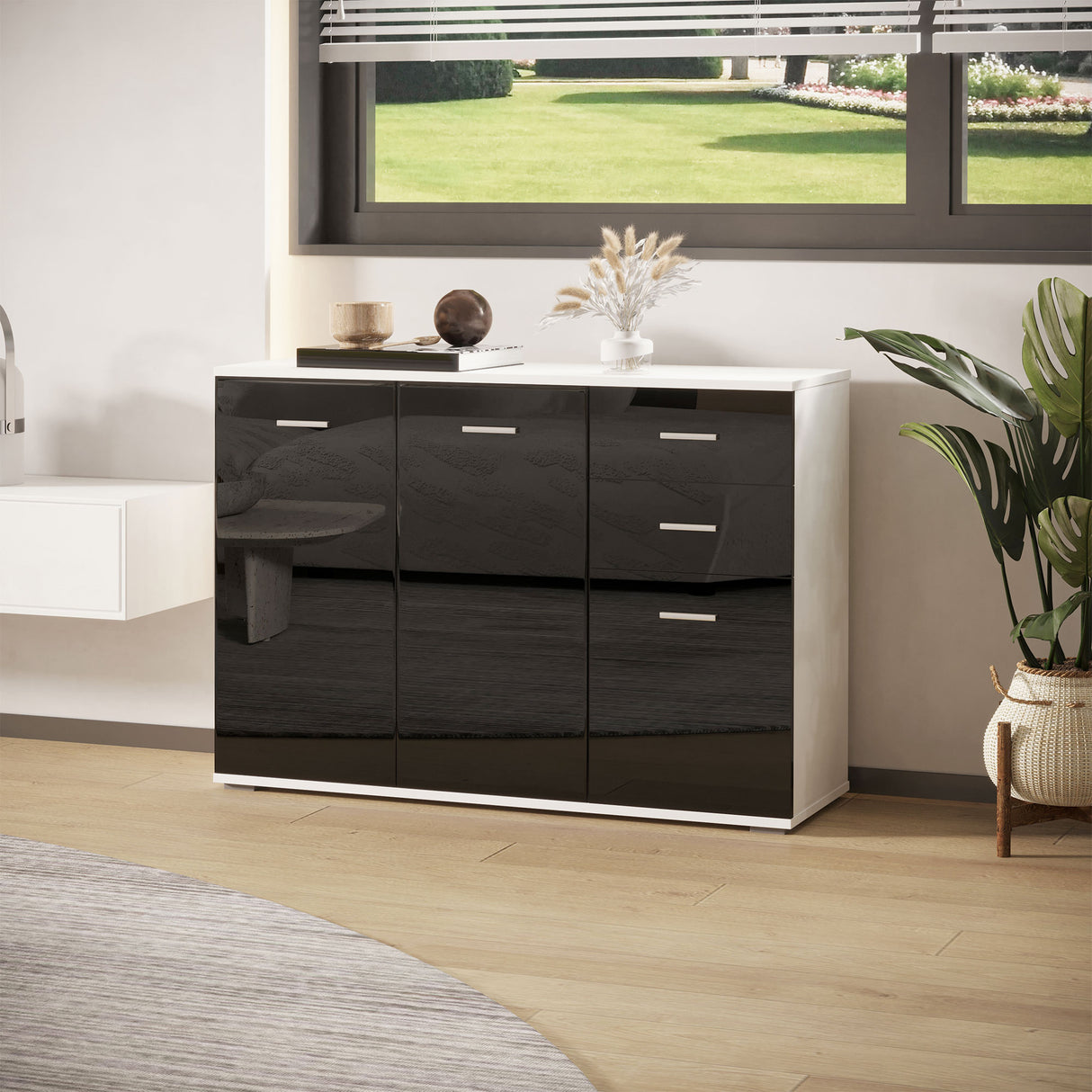 easycomfort easycomfort como mobiletto per soggiorno e camera con 3 ante e 2 cassetti nero lucido antigraffio 106 x 35 x 76 cm ean 8054111847377