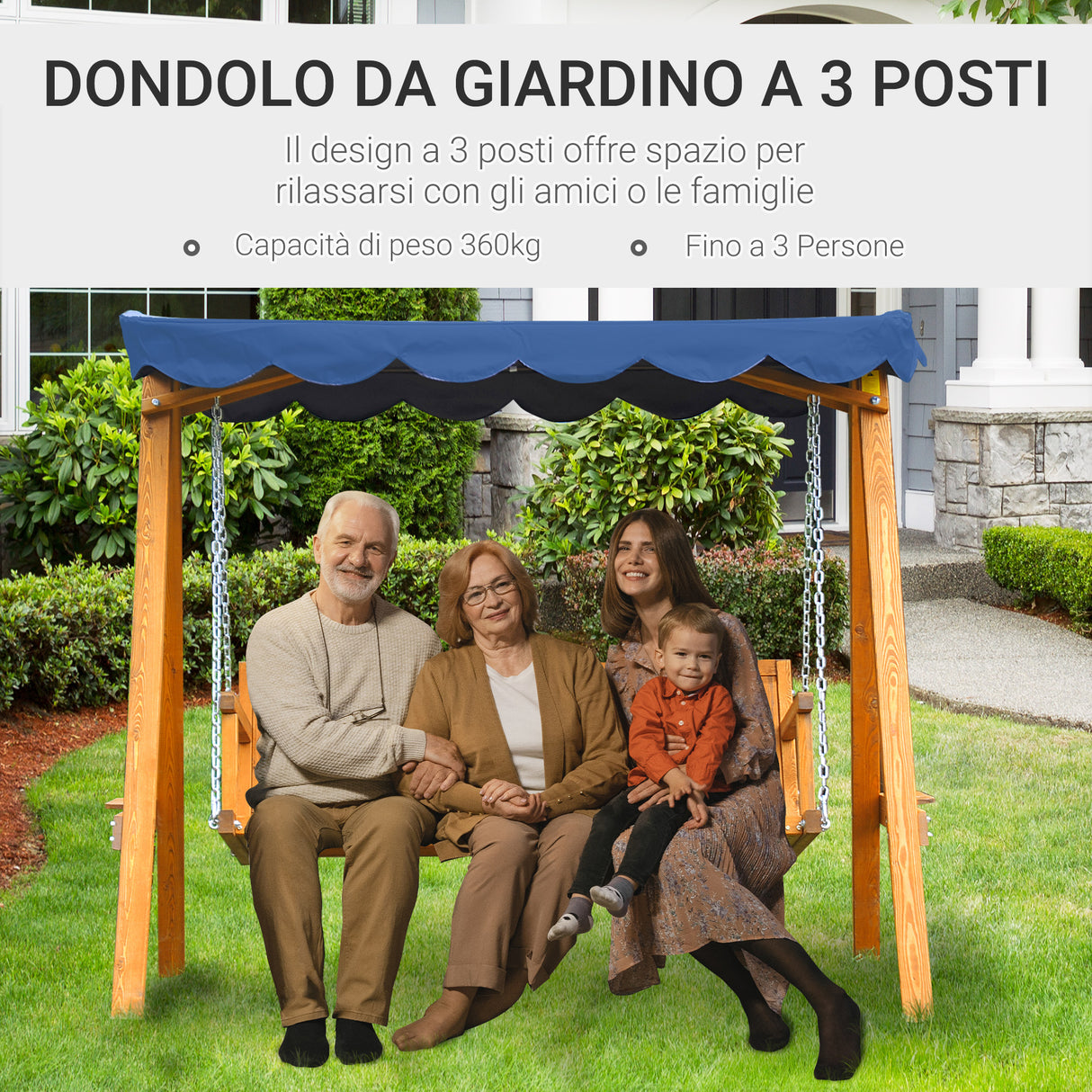 easycomfort dondolo da giardino 3 posti con baldacchino in legno 200x 130x 185cm