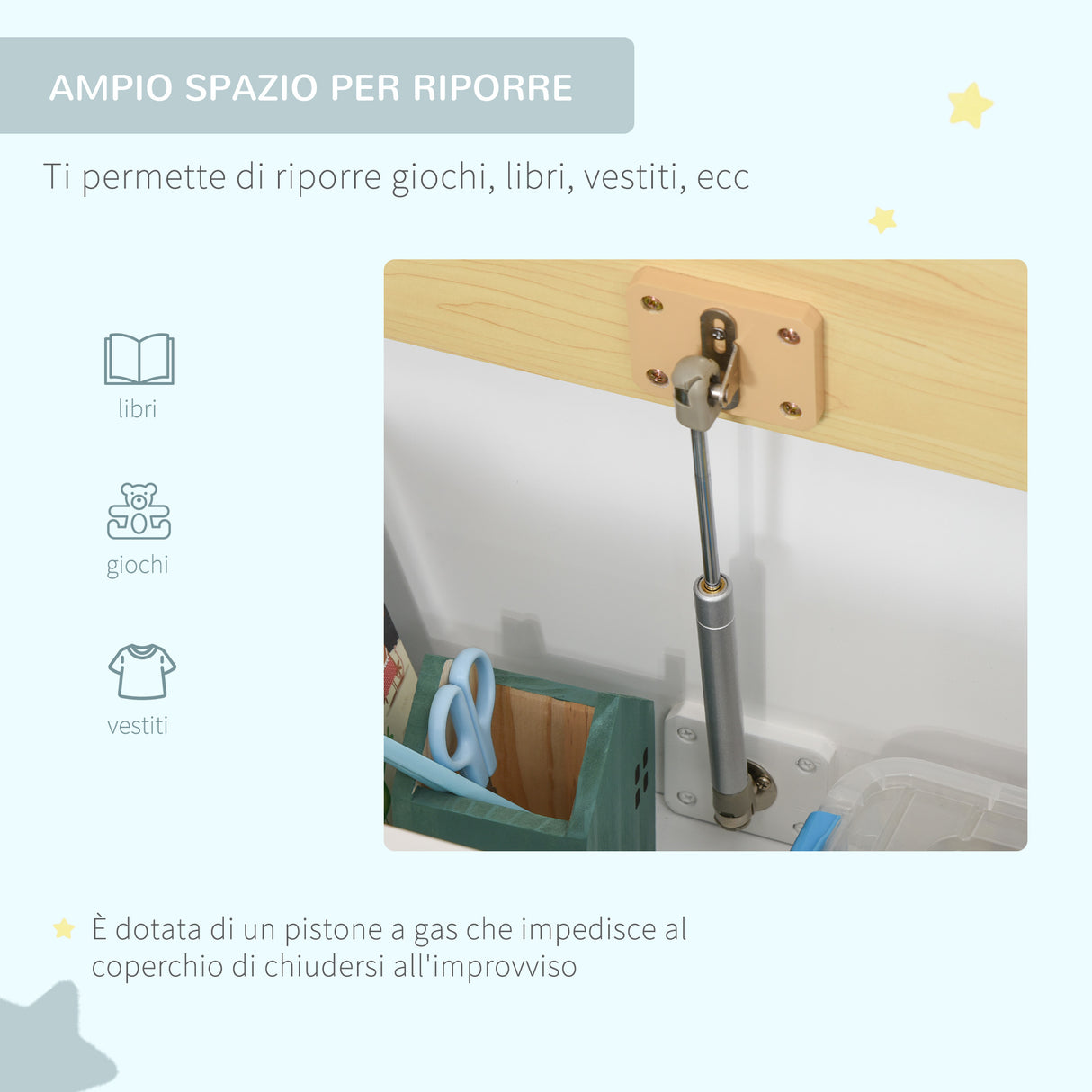 easycomfort easycomfort cassapanca per bambini 2 in 1 in legno con pistone per chiusura sicura 60x30x50cm bianco e legno naturale