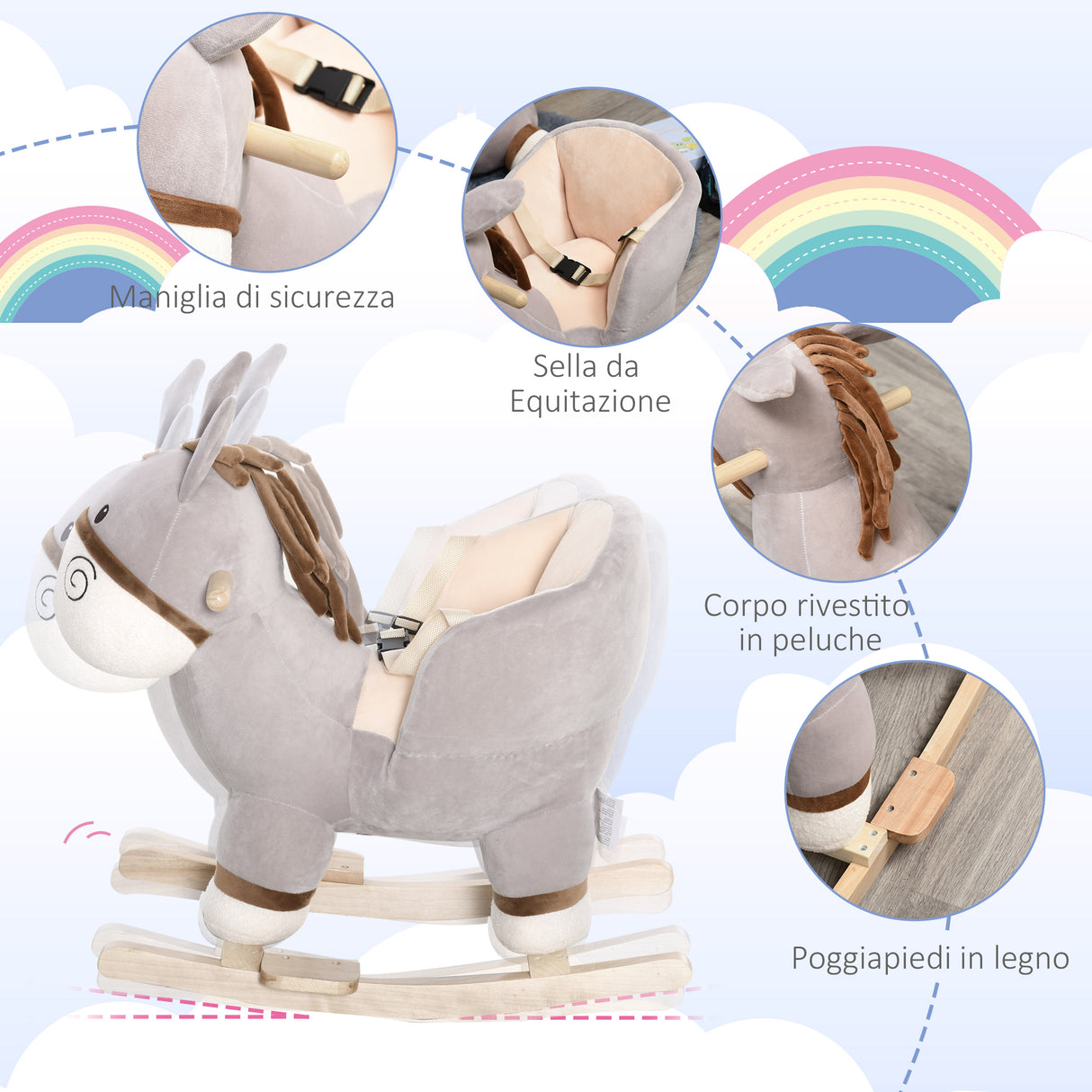 easycomfort easycomfort dondolo giocattolo a forma di asino per bambini 18 36 in legno di pioppo e peluche grigio suoni realistici